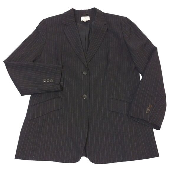 LOFT Y2K Plus 14P Black Grey Wool Blend Pen Stripe Single Breasted Blazer - Picture 2 of 14